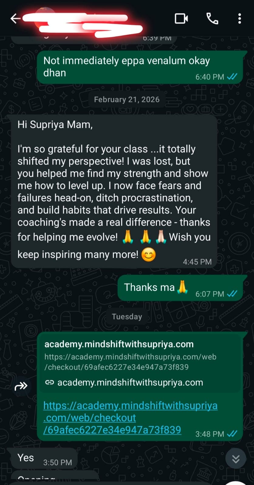 WhatsApp message from Karthika